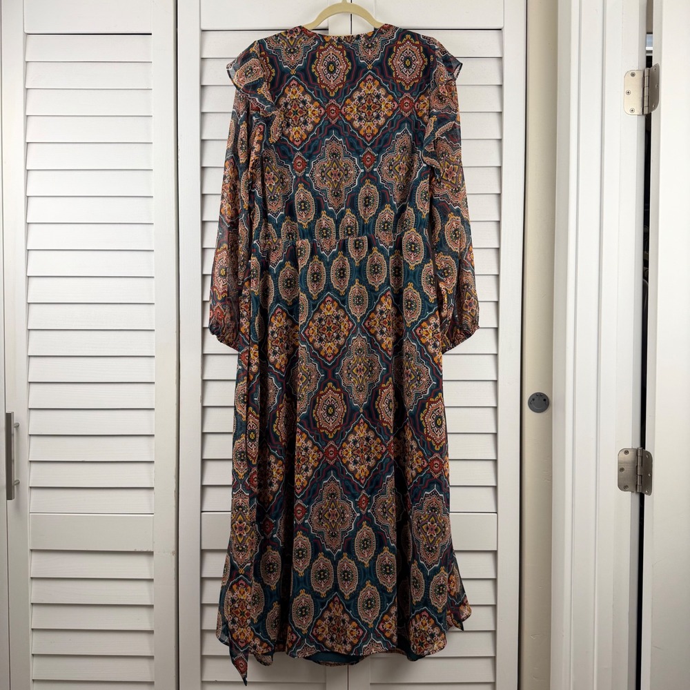 LOFT Midi Dress XL Teal Medallion Print Ruffle Split Neck Long Sleeve NEW - Picture 10 of 16